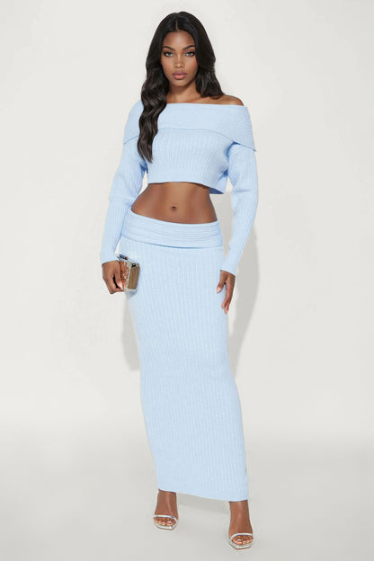 Nevea Sweater Fold Over Maxi Skirt Set - Light Blue