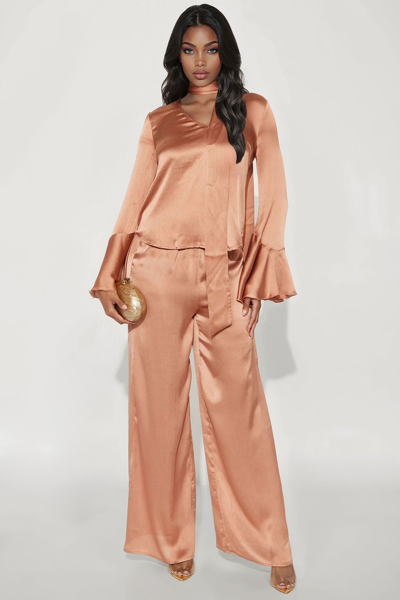 Lianna Long Sleeve Scarf Wide Leg Pant Set - Peach