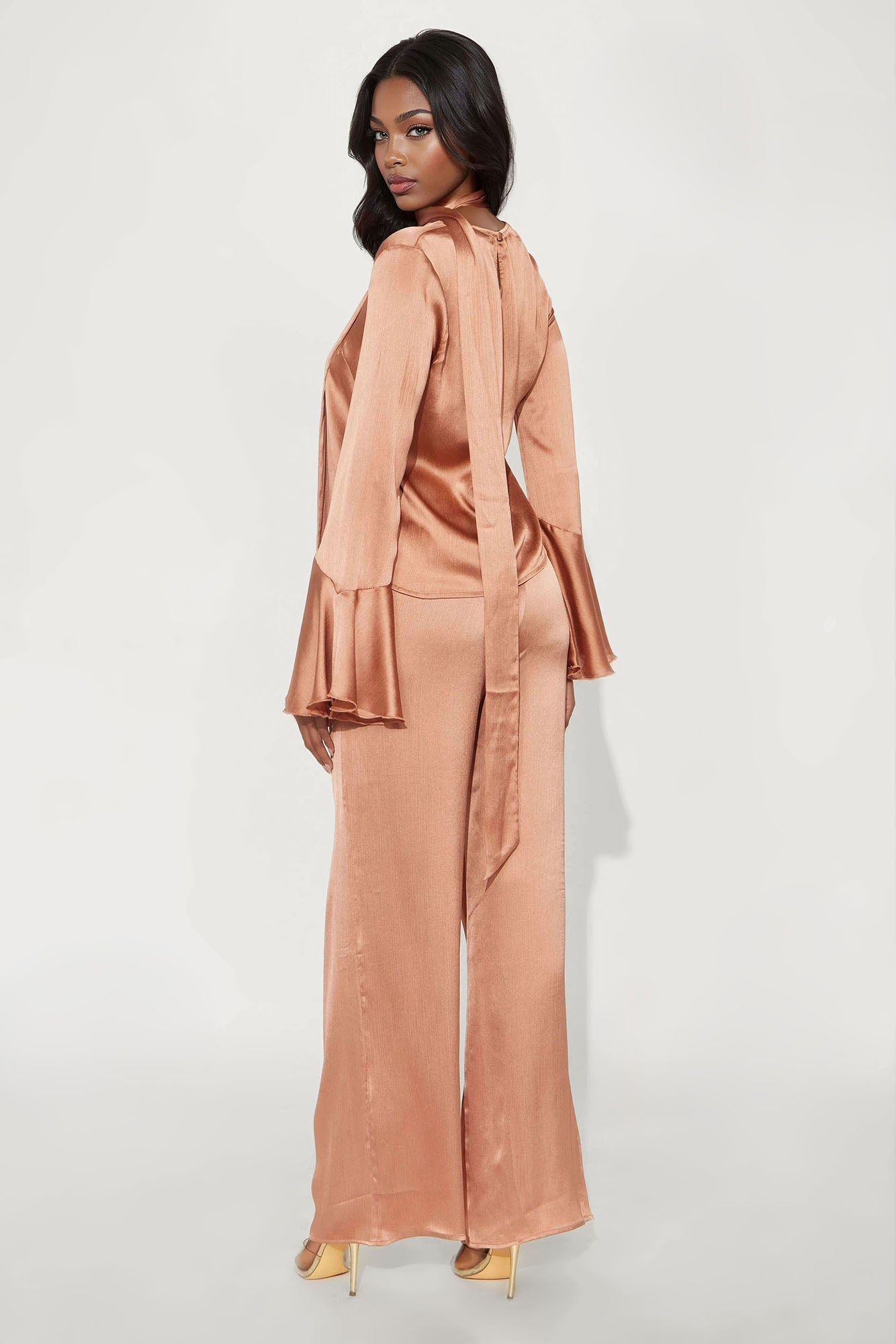 Lianna Long Sleeve Scarf Wide Leg Pant Set - Peach