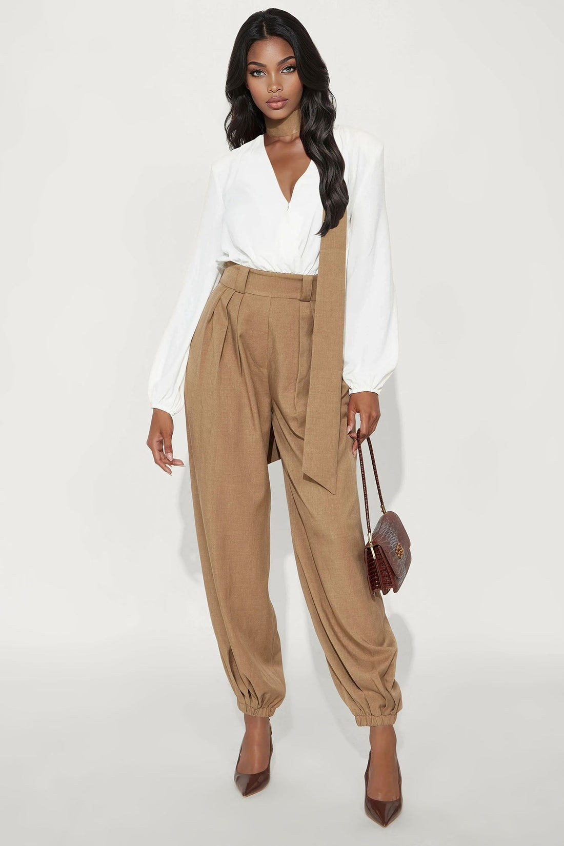 Chaney Chic Balloon Wide Leg Jumpsuit - Brown/combo