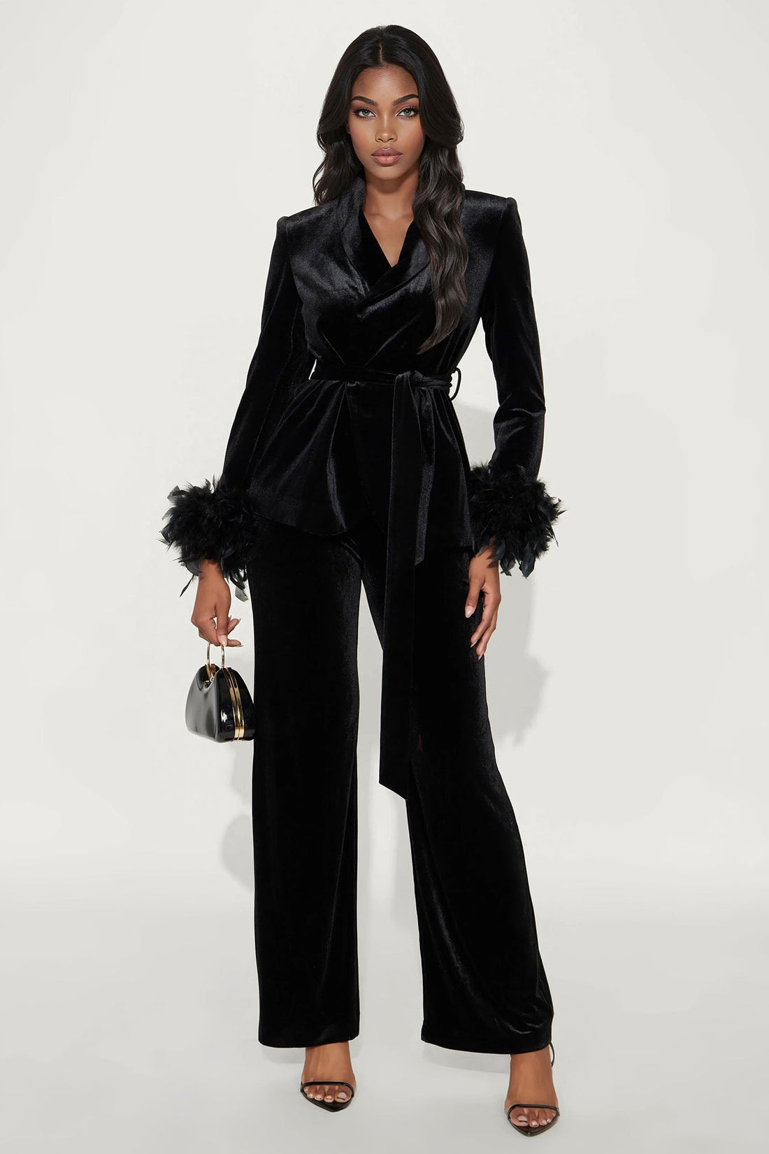 Kris Feathered Velvet Blazer Pant Set - Black
