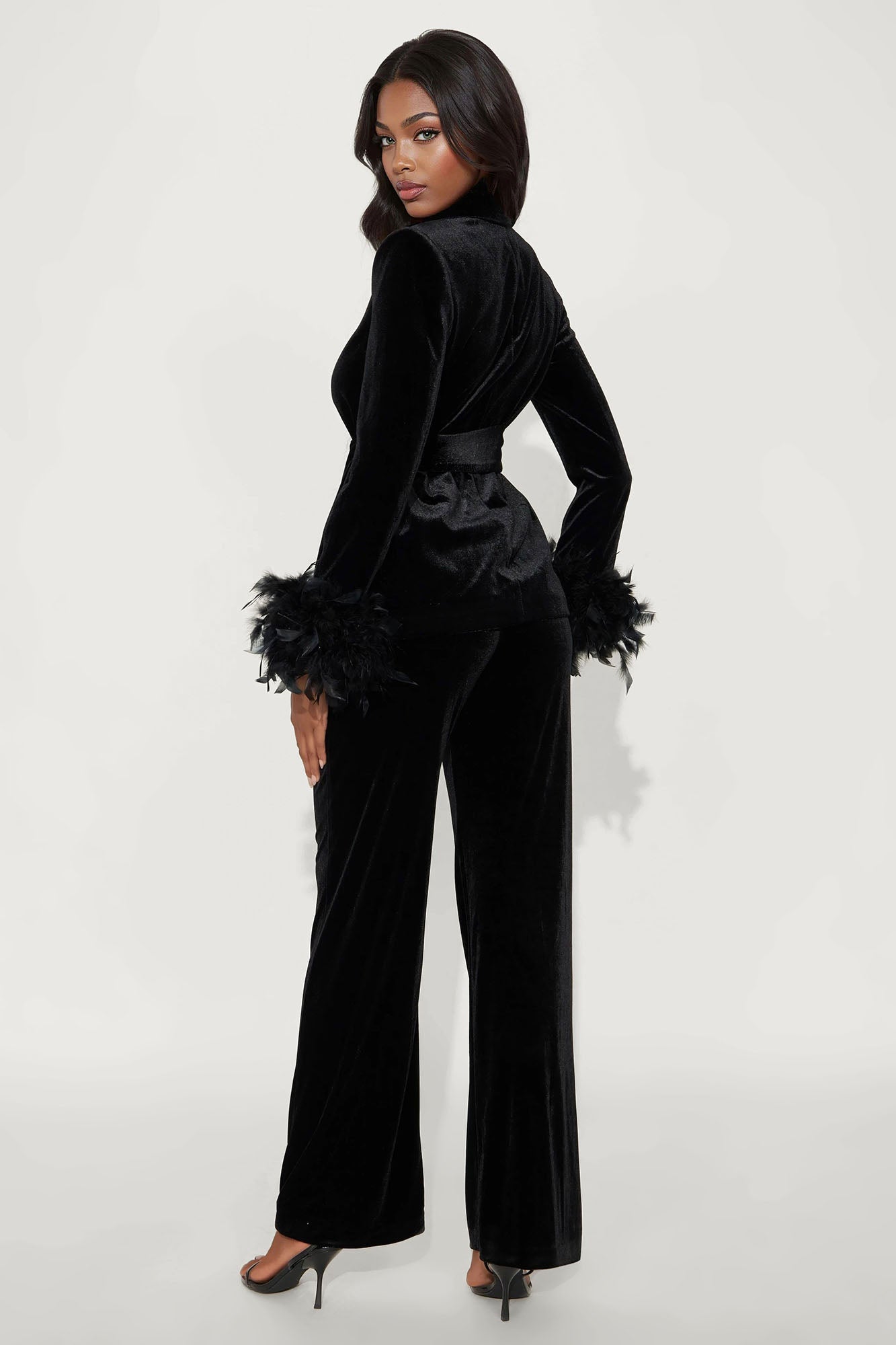 Kris Feathered Velvet Blazer Pant Set - Black