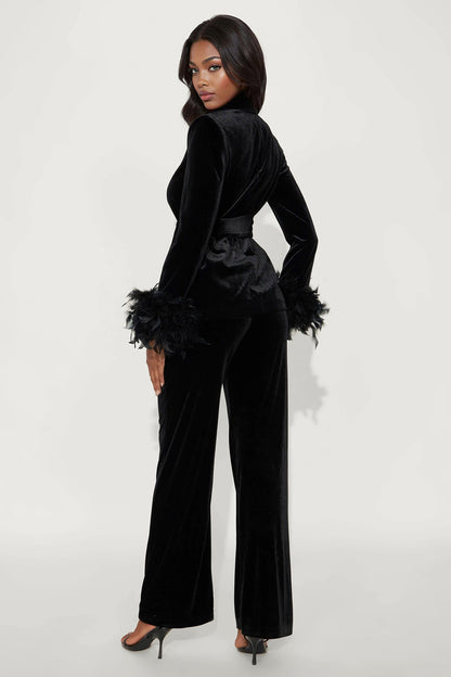 Kris Feathered Velvet Blazer Pant Set - Black