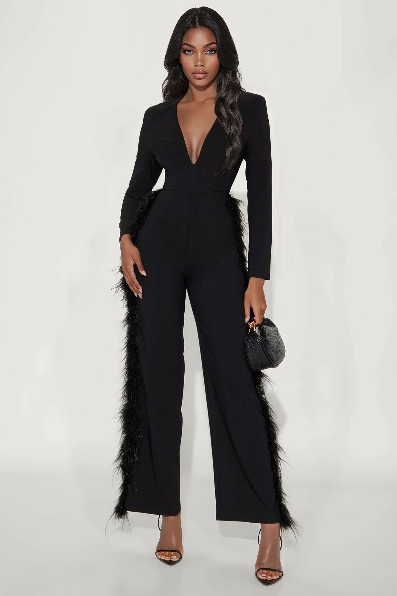 Too Irresistible Feather Trim Straight Leg Jumpsuit - Black