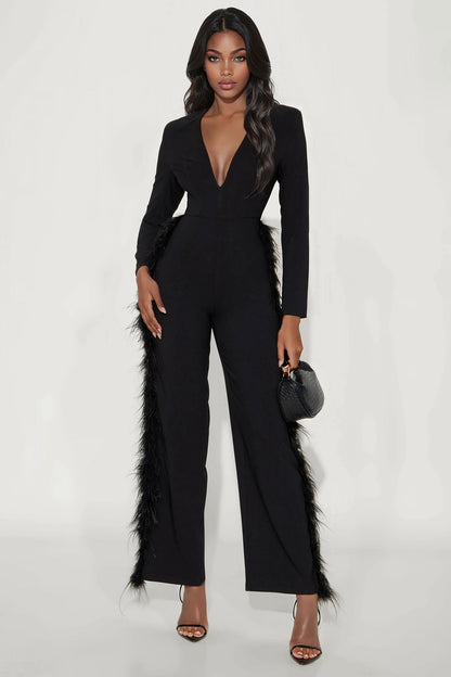 Too Irresistible Feather Trim Straight Leg Jumpsuit - Black