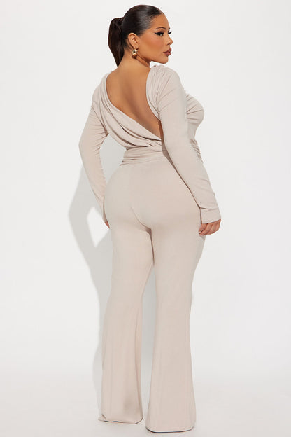 Isabella Ribbed Long Sleeve Jumpsuit - Stone