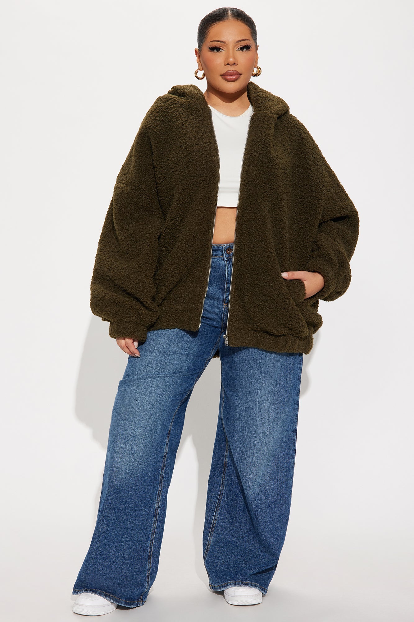 Snuggle Up Hooded Sherpa Coat - Olive