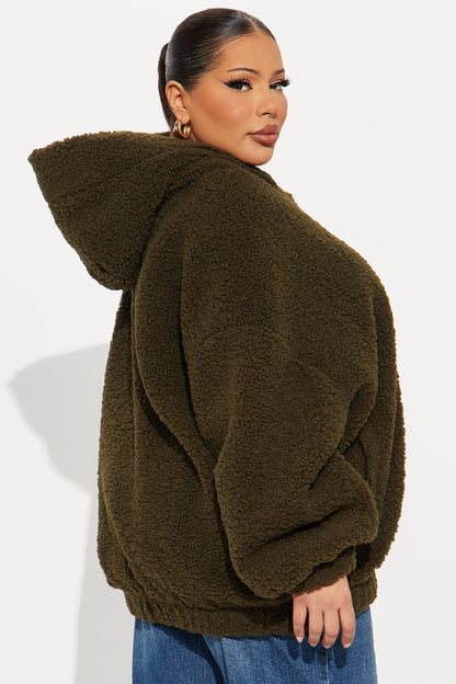Snuggle Up Hooded Sherpa Coat - Olive