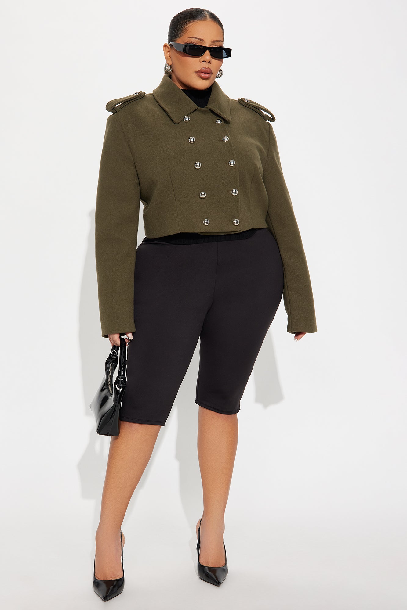 Cara Double Breasted Cropped Coat - Olive