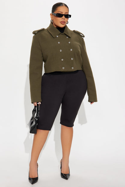 Cara Double Breasted Cropped Coat - Olive