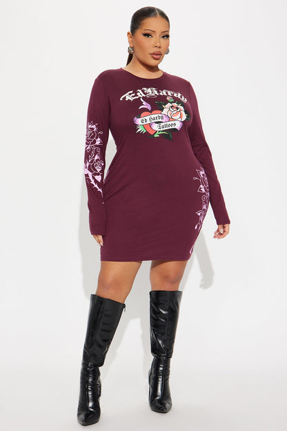 Ed Hardy Heart &amp; Rose Long Sleeve Mini Dress - Wine