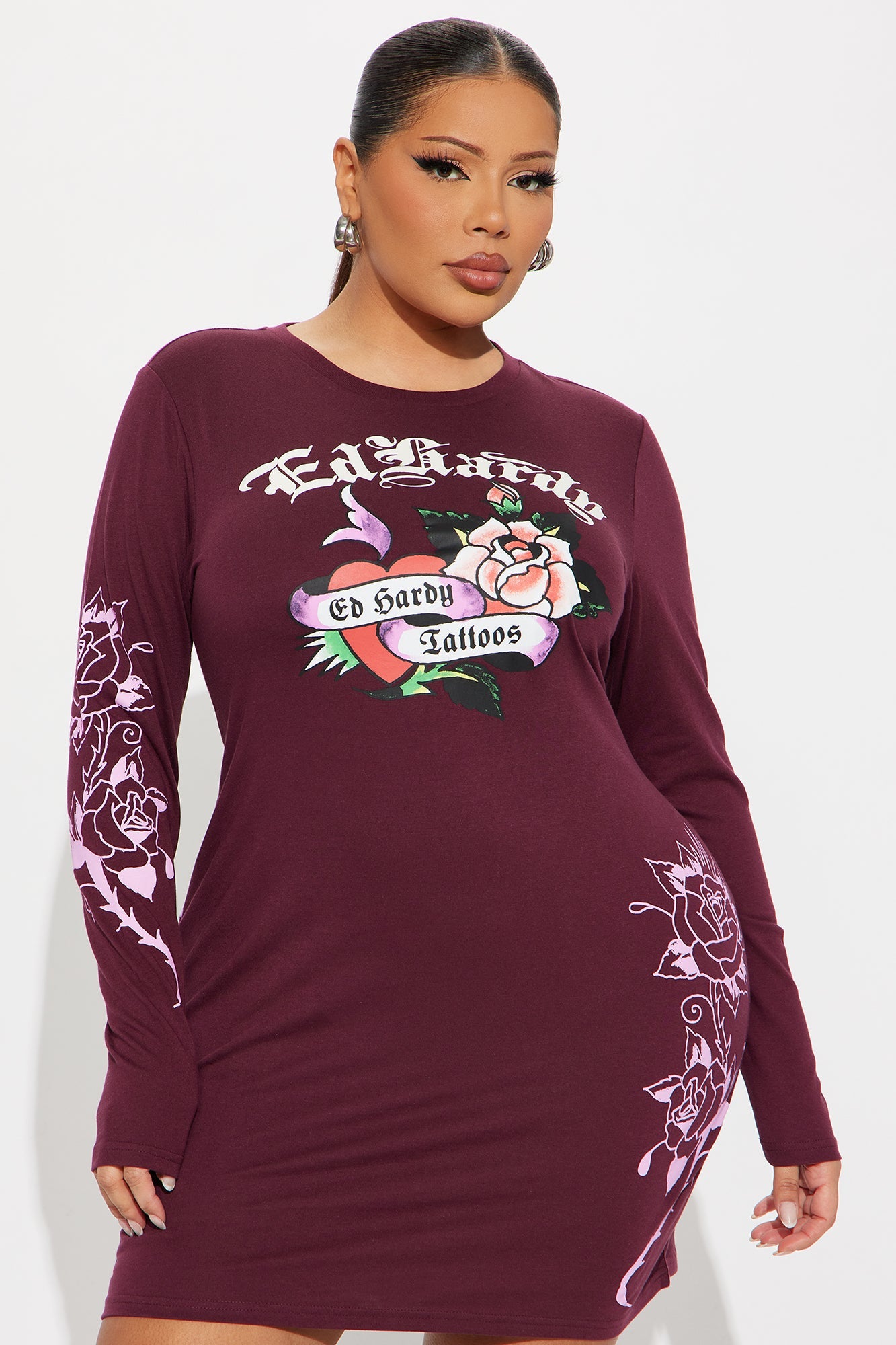 Ed Hardy Heart &amp; Rose Long Sleeve Mini Dress - Wine