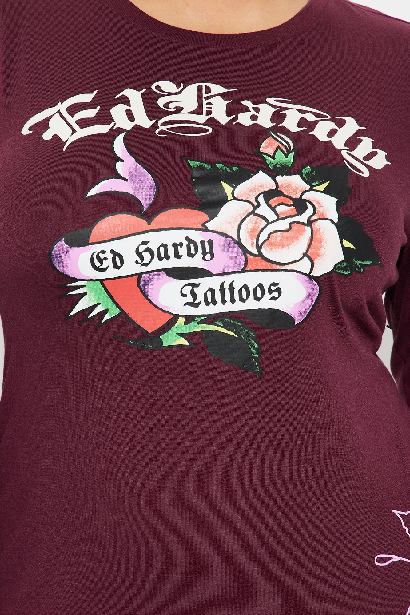 Ed Hardy Heart &amp; Rose Long Sleeve Mini Dress - Wine