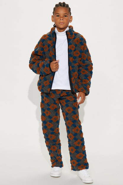 Mini Oversized Floral Sherpa Zip Jacket - Grey