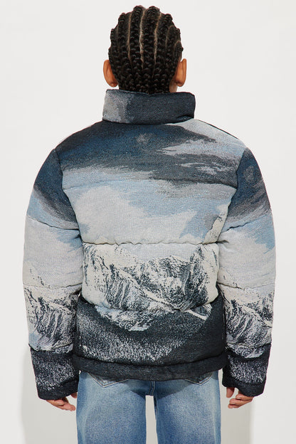 Mini Cabin Escape Tapestry Puffer Jacket - Navy