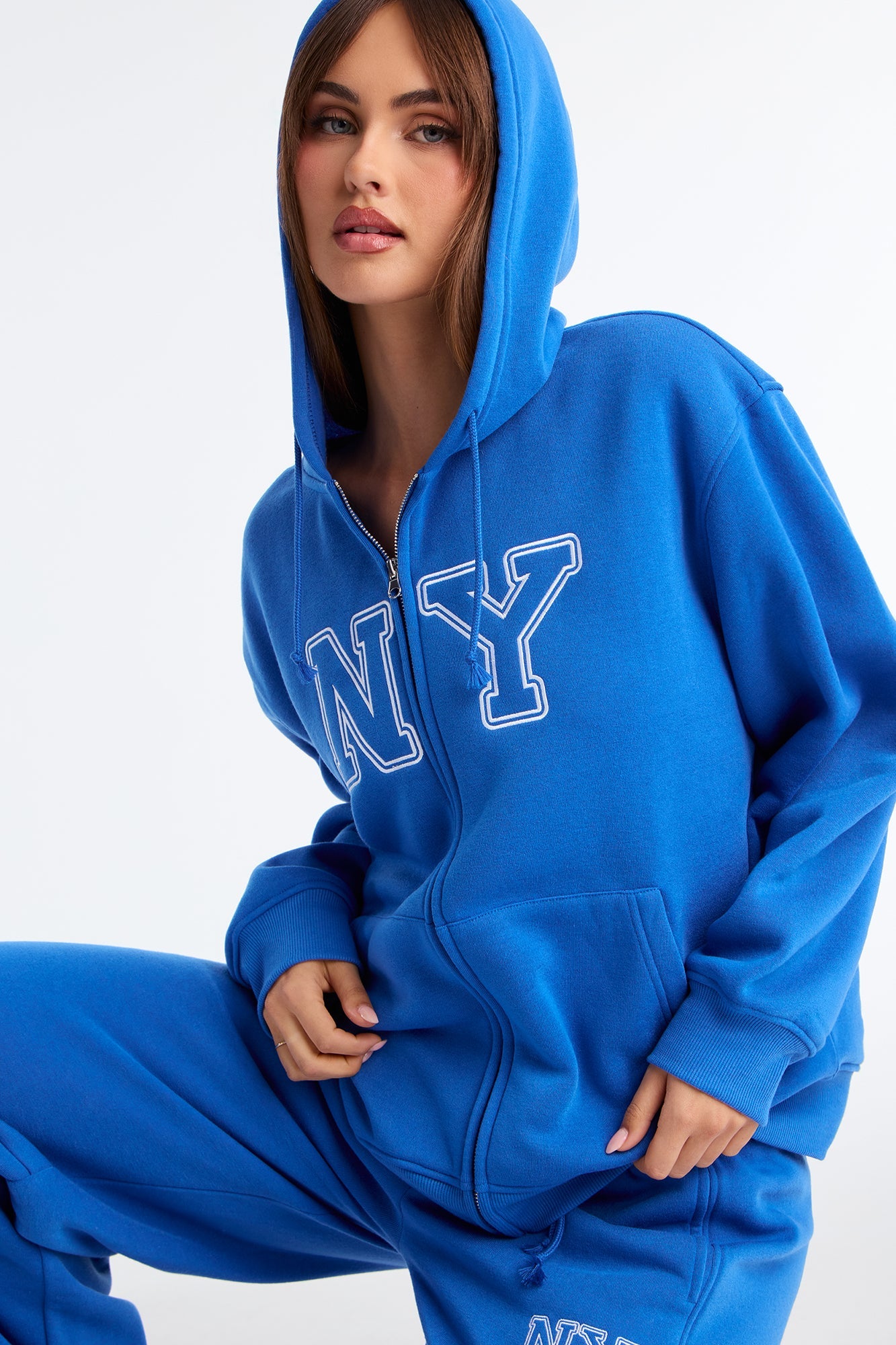 New York Fleece Hoodie Barrel Leg Pant Set - Blue