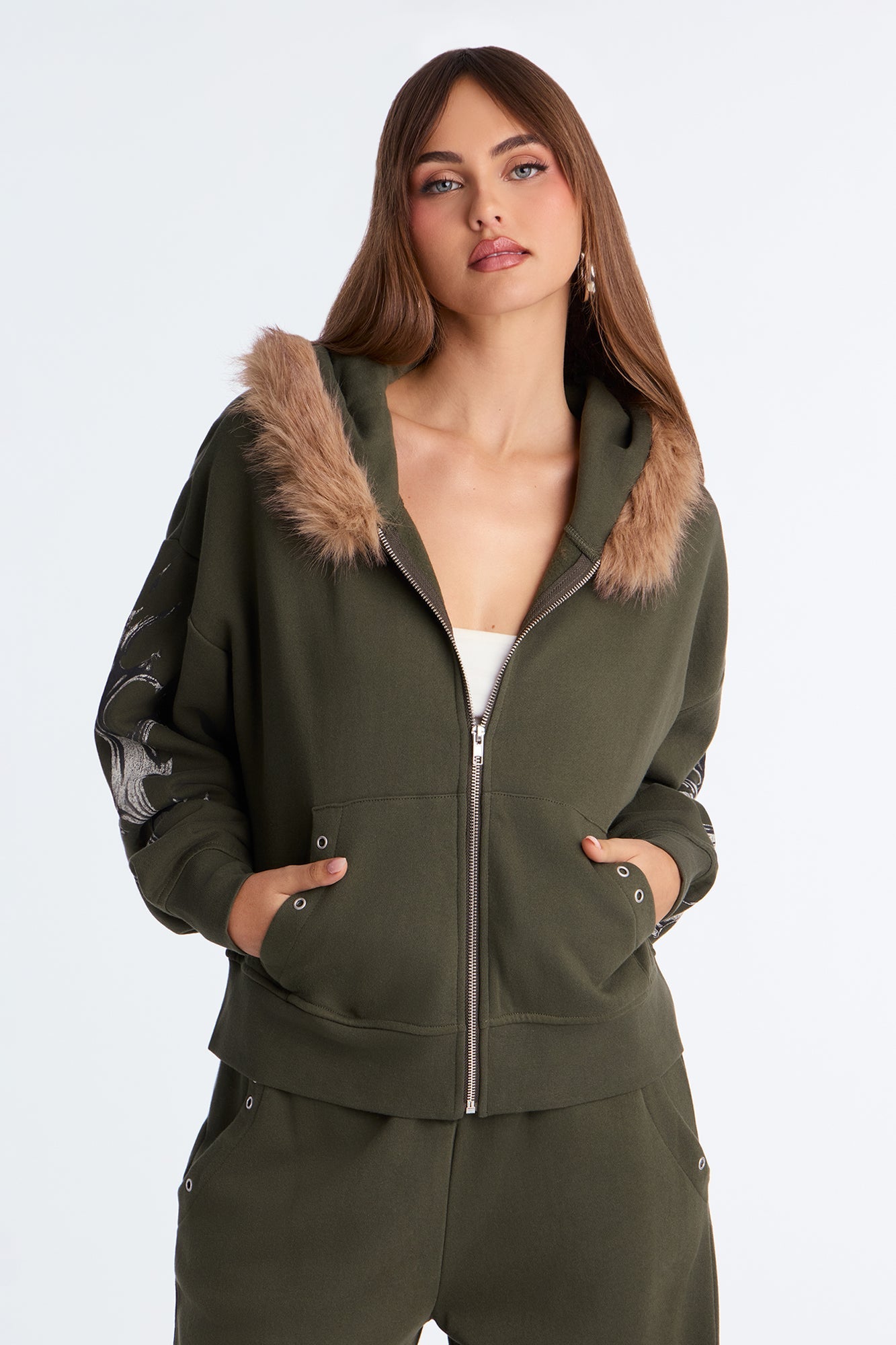 Edgy Vibe Fleece Washed Pant Set - Olive