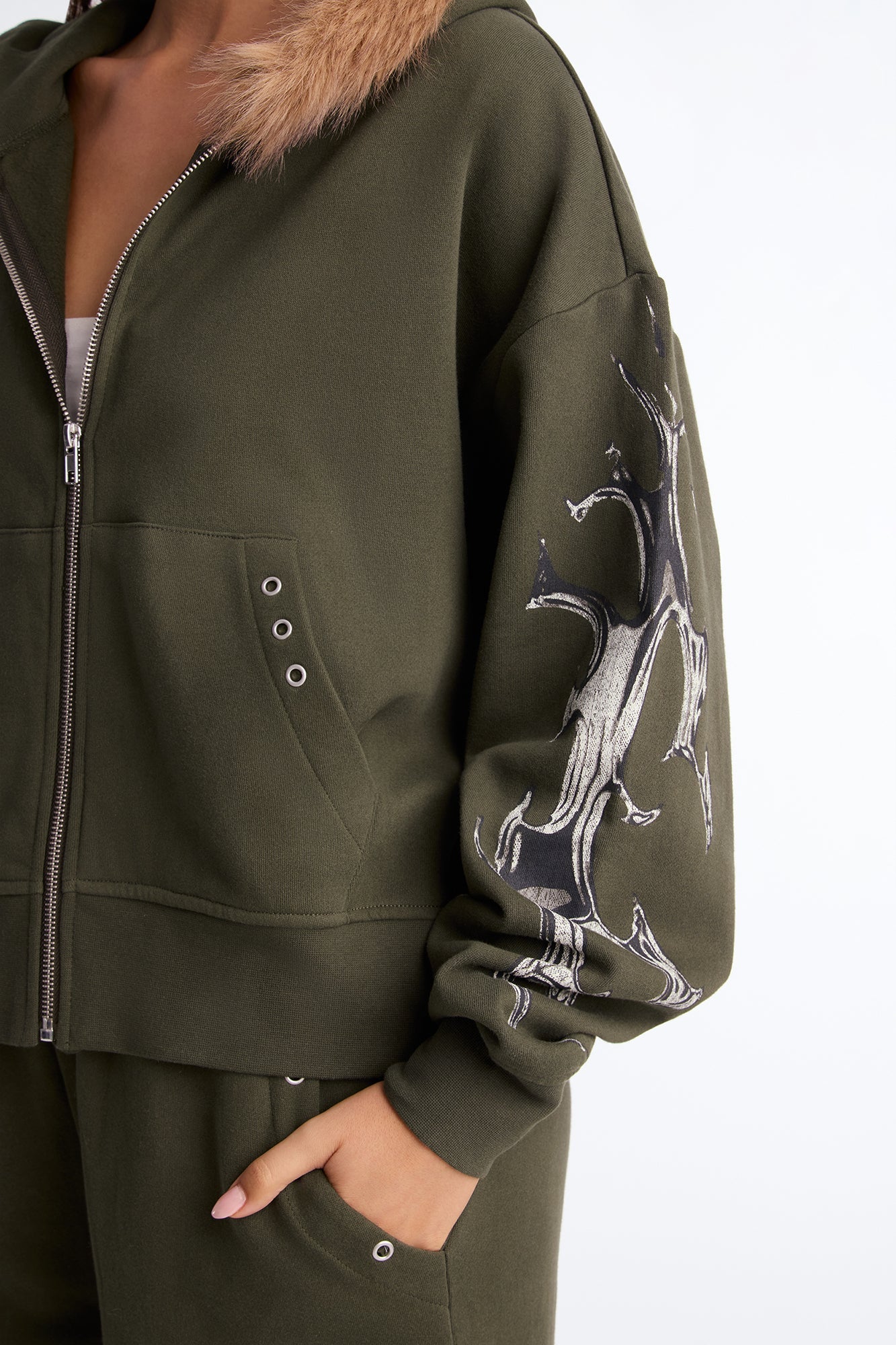 Edgy Vibe Fleece Washed Pant Set - Olive