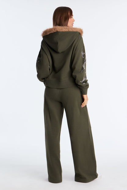 Edgy Vibe Fleece Washed Pant Set - Olive