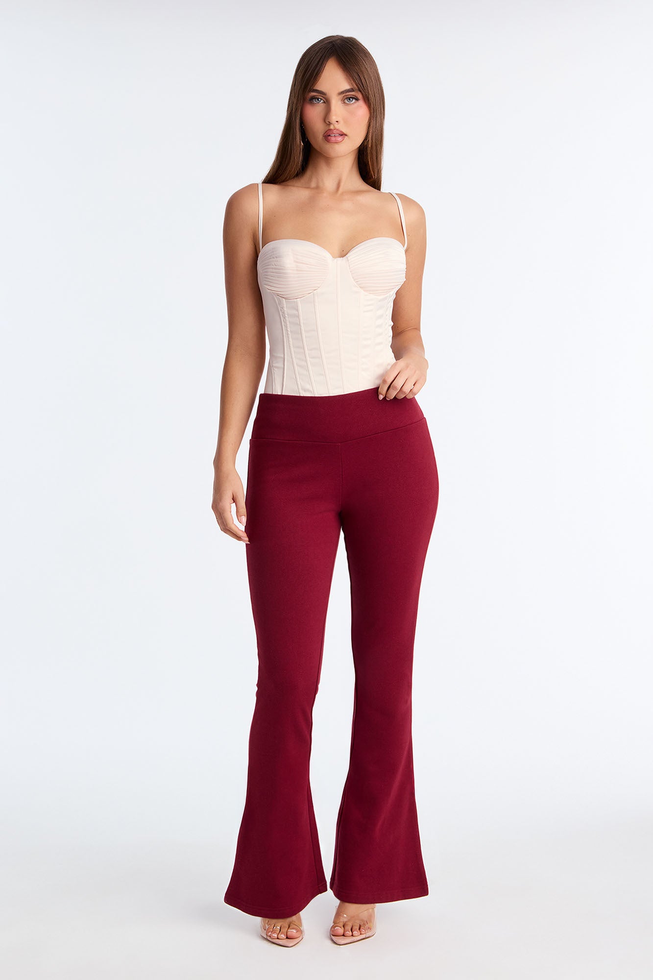 Tina Wide Waist Pull On Lounge Flare Pant - Burgundy