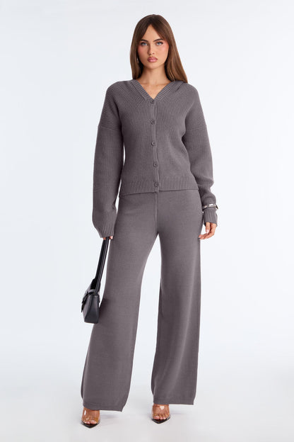 Hazel Hooded Sweater Wide Leg Pant Set - Grey