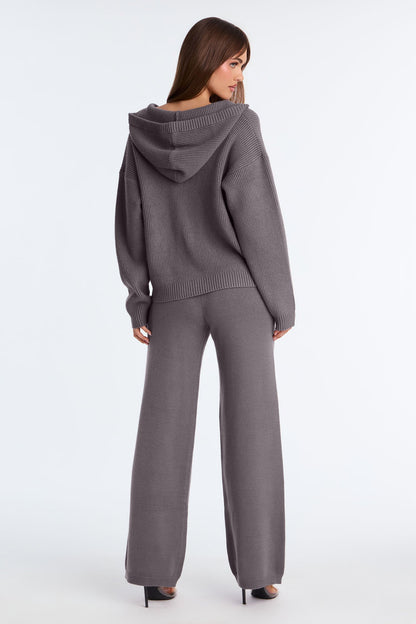 Hazel Hooded Sweater Wide Leg Pant Set - Grey