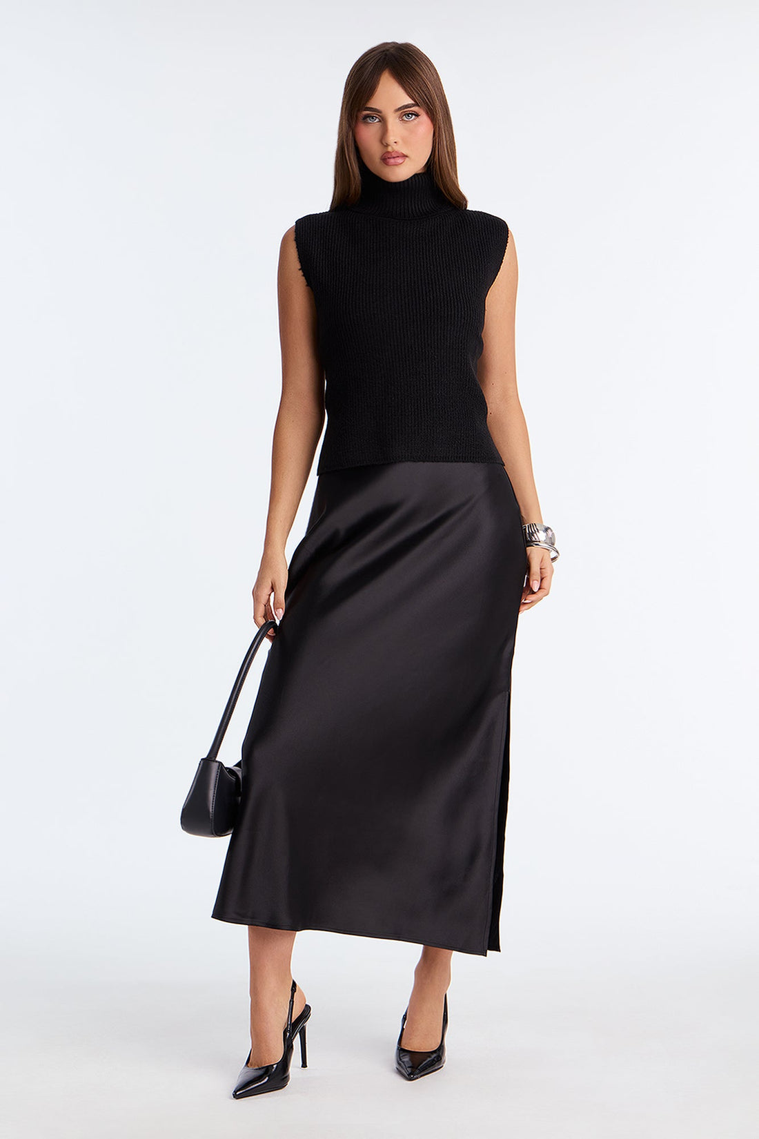 Always Sweet Satin Sweater Maxi Dress Set - Black
