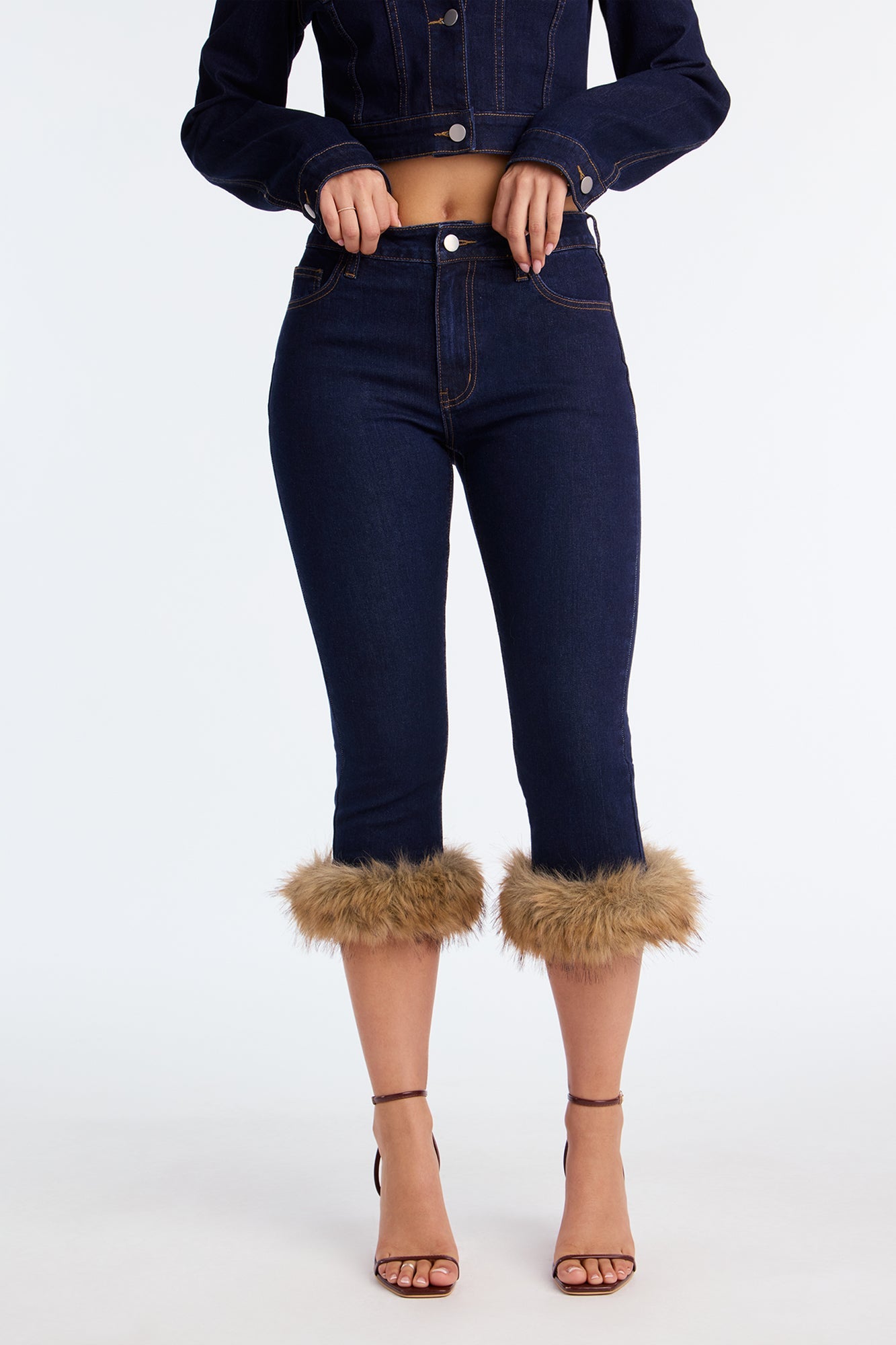 Bitter Queen Faux Fur Capri Jeans - Dark Denim