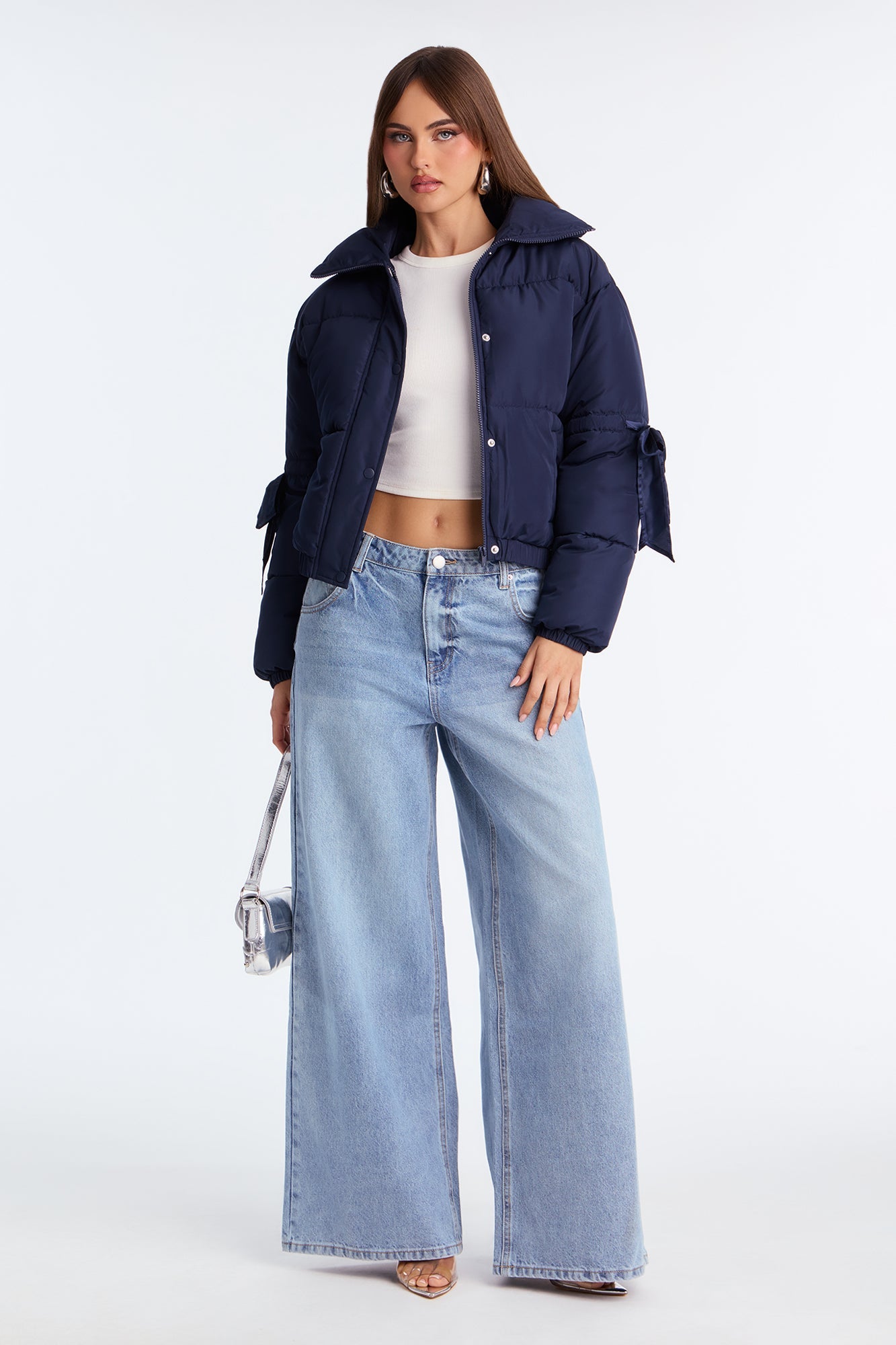 Coquette Touch Bow Puffer Jacket - Navy