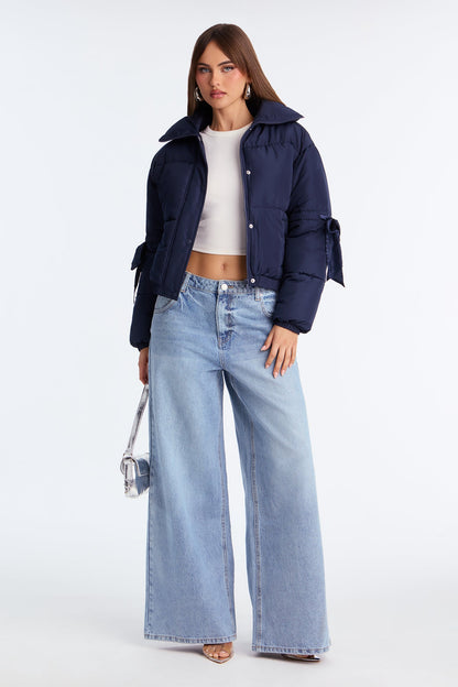 Coquette Touch Bow Puffer Jacket - Navy