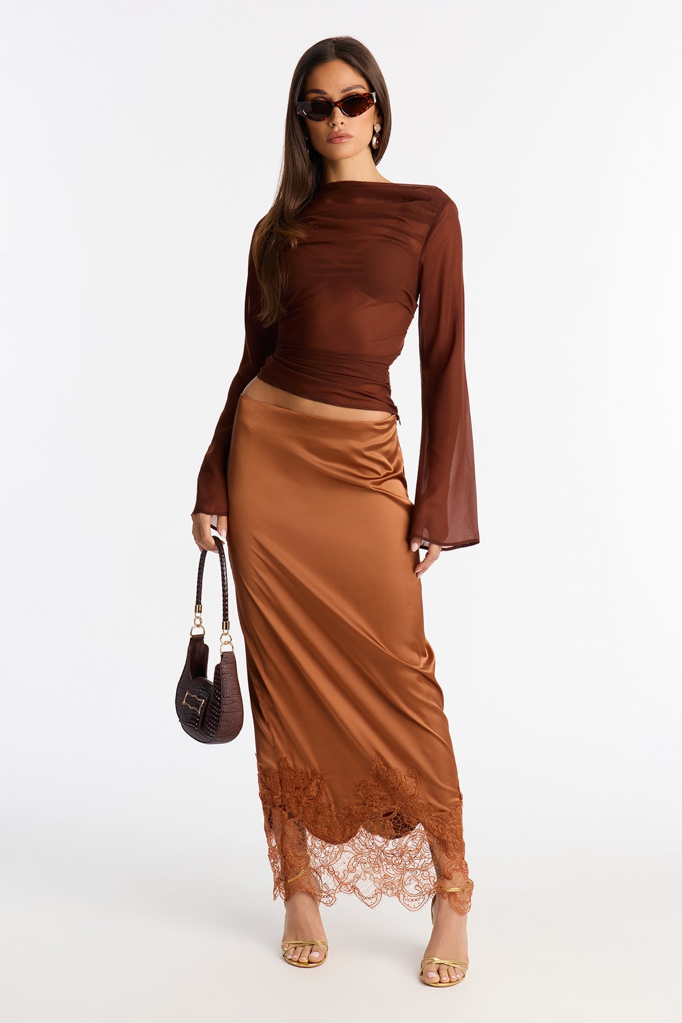 Dolled Up Lace Trim Satin Maxi Skirt - Cognac