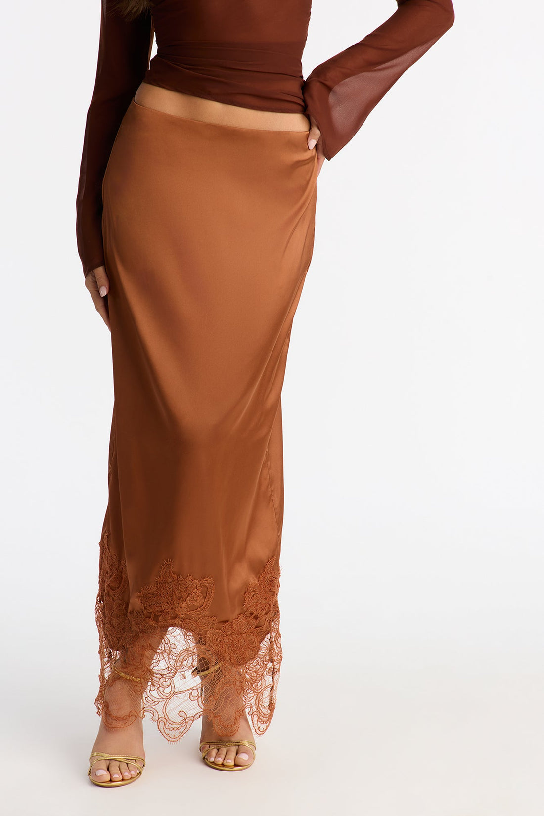 Dolled Up Lace Trim Satin Maxi Skirt - Cognac