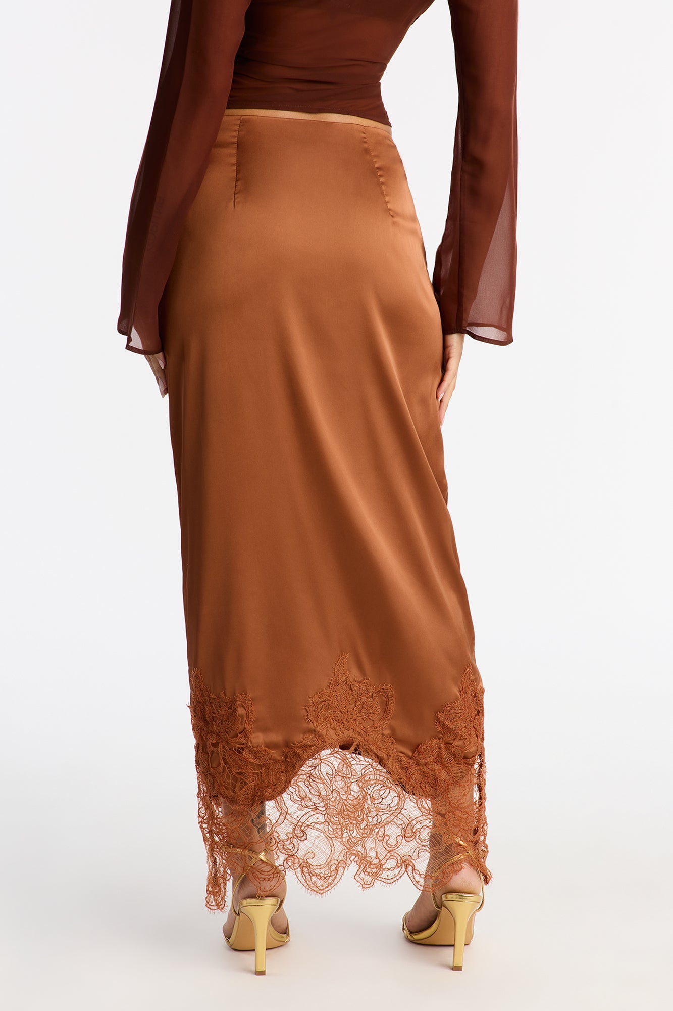 Dolled Up Lace Trim Satin Maxi Skirt - Cognac