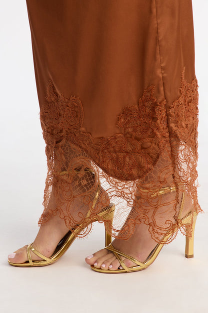 Dolled Up Lace Trim Satin Maxi Skirt - Cognac