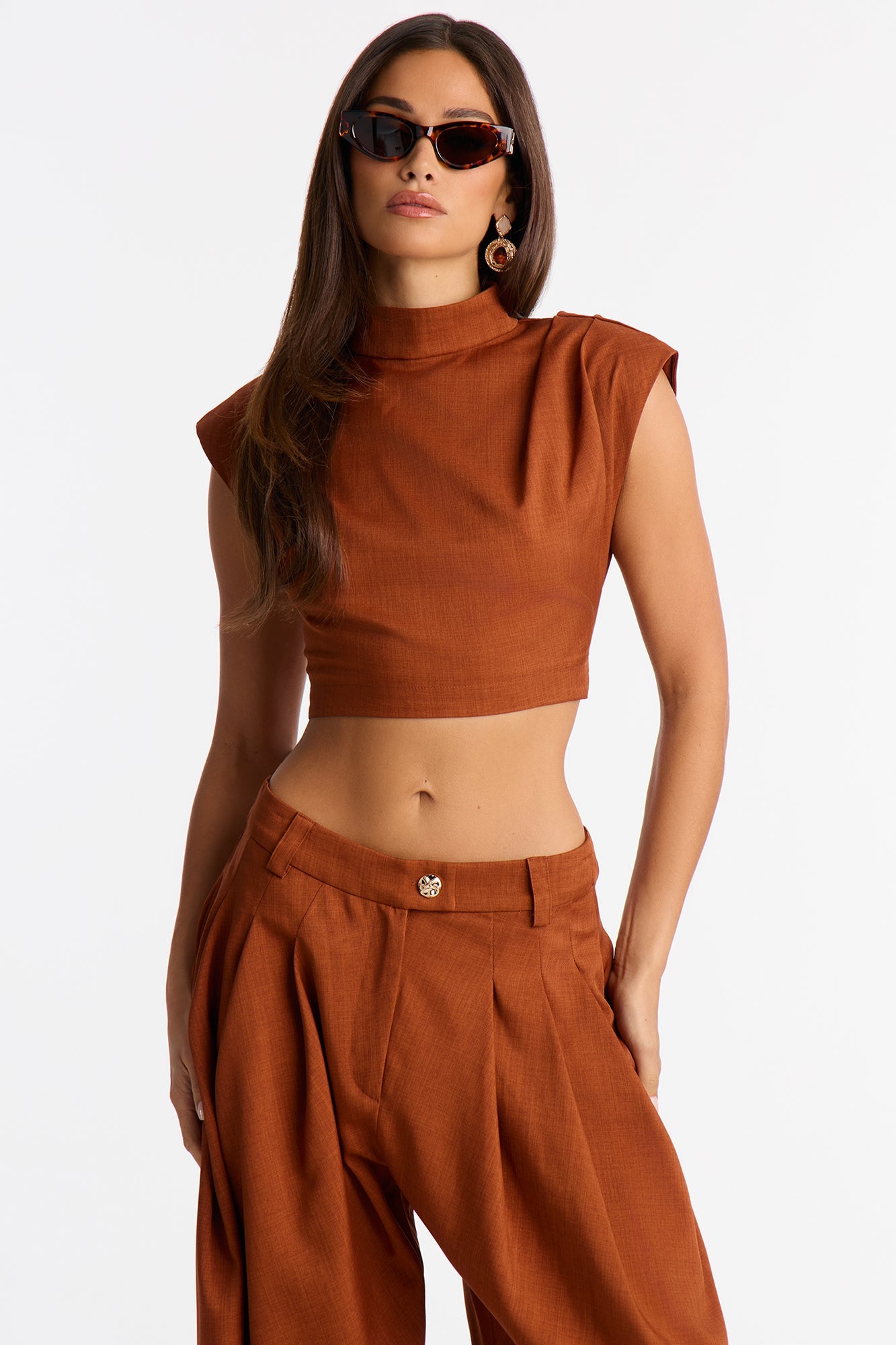 Amelia Pleated Barrel Leg Pant Set - Rust