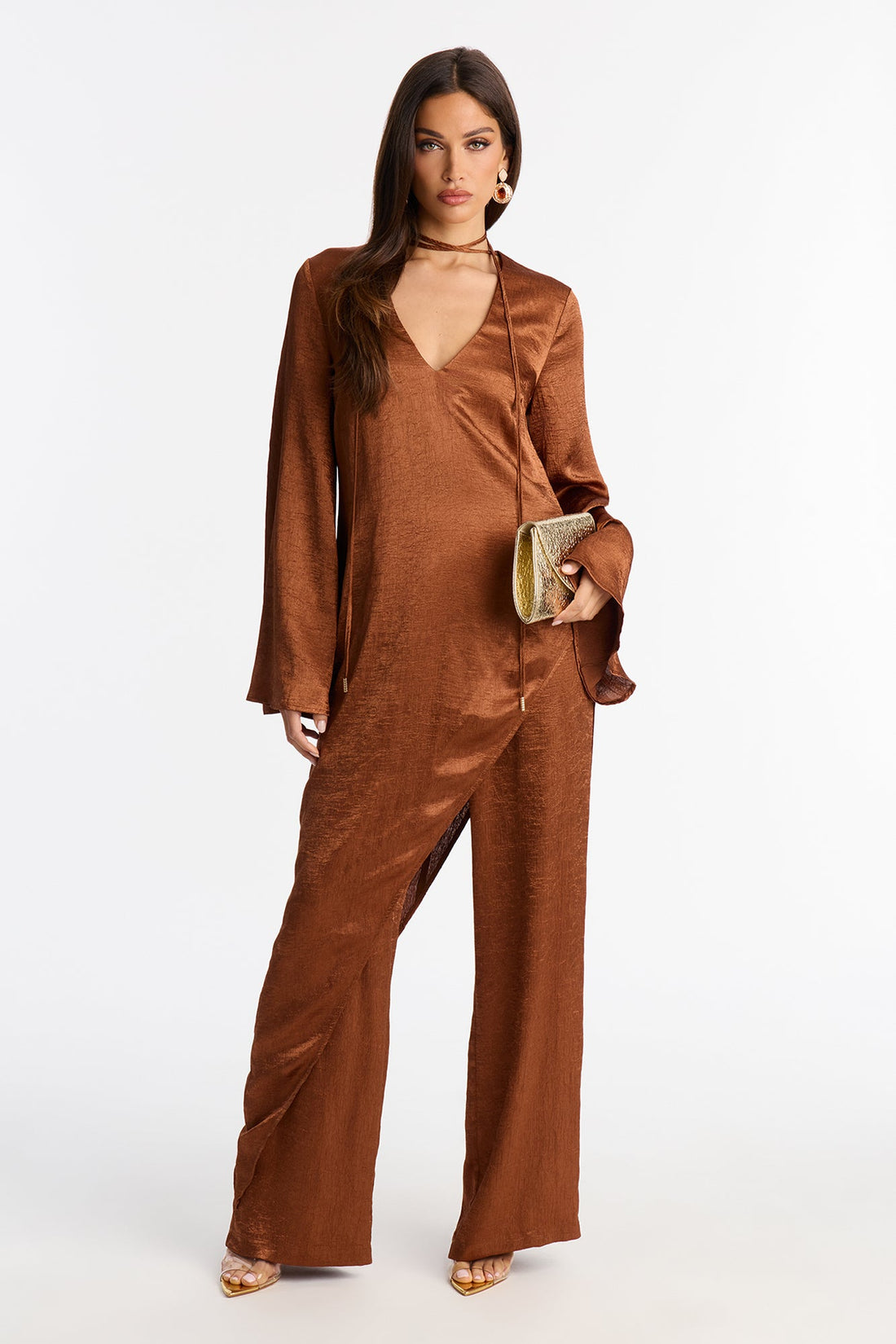 Clara Asymmetrical Satin Pant Set - Bronze