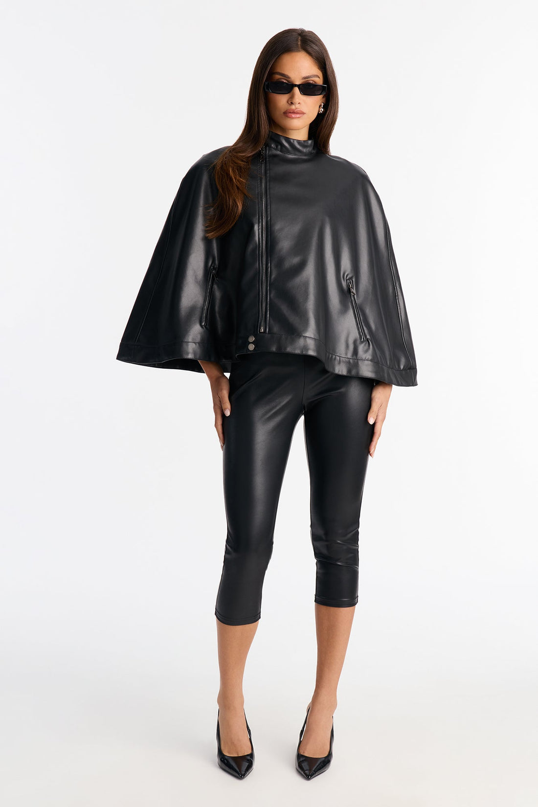 Dakota Faux Leather Cape Jacket - Black