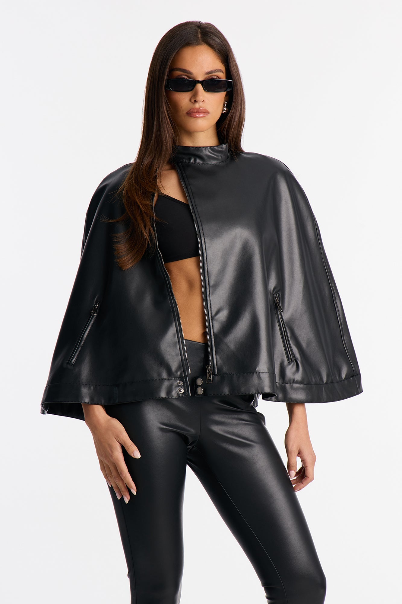 Dakota Faux Leather Cape Jacket - Black