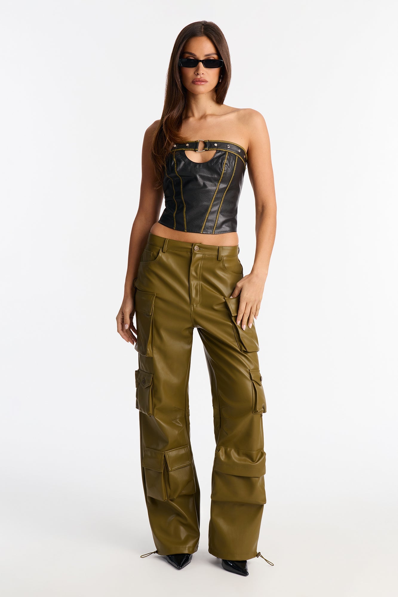 Something About You Faux Leather Cargo Pant 32 - Military Green