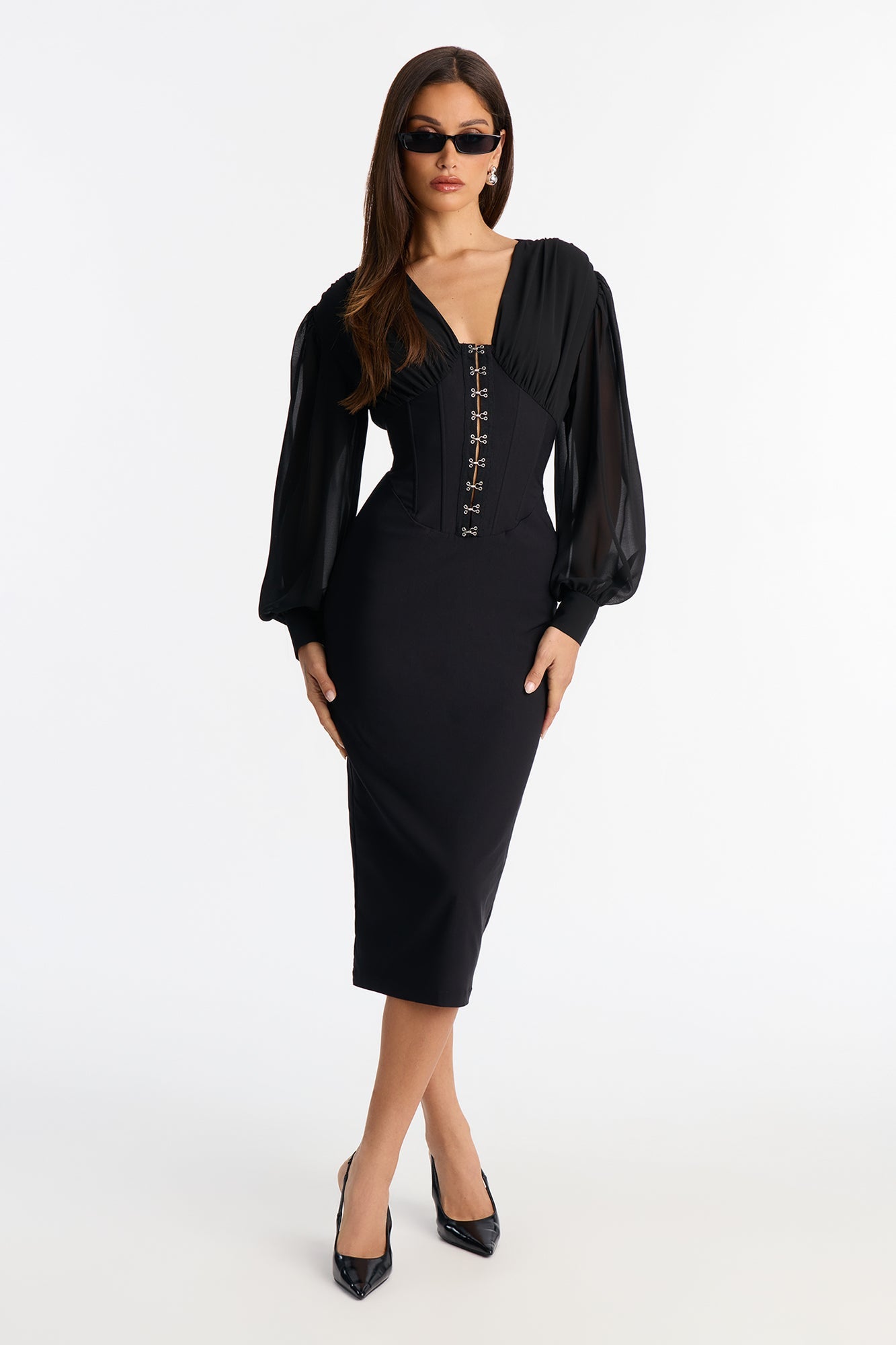 Cute But Psycho Chiffon Corset Midi Dress - Black