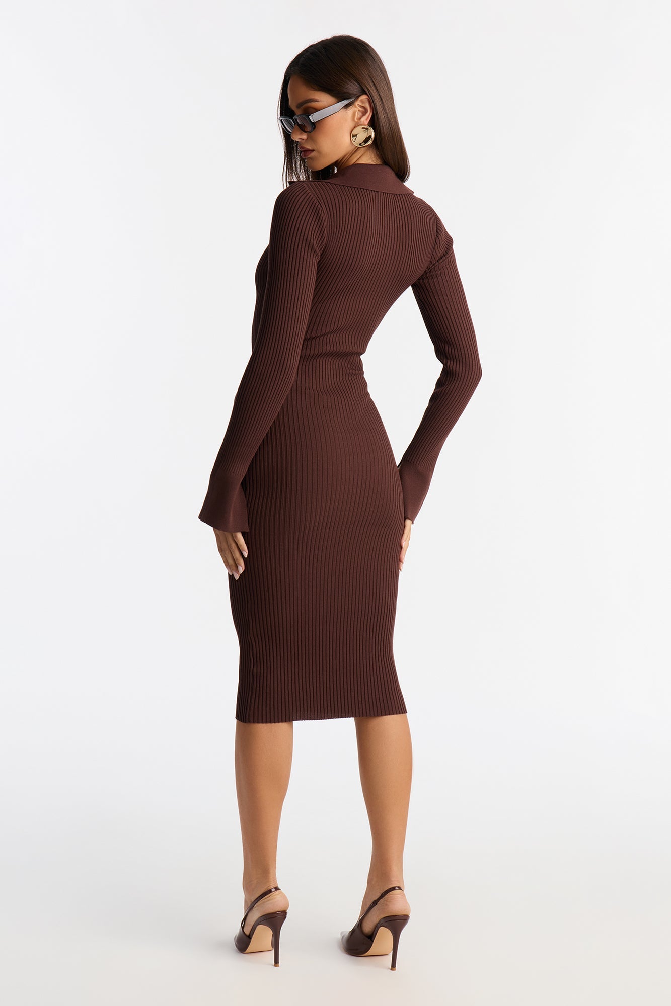 Livia Long Sleeve Ribbed Midi Dress - Chocolate
