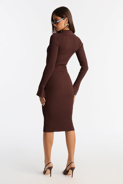 Livia Long Sleeve Ribbed Midi Dress - Chocolate