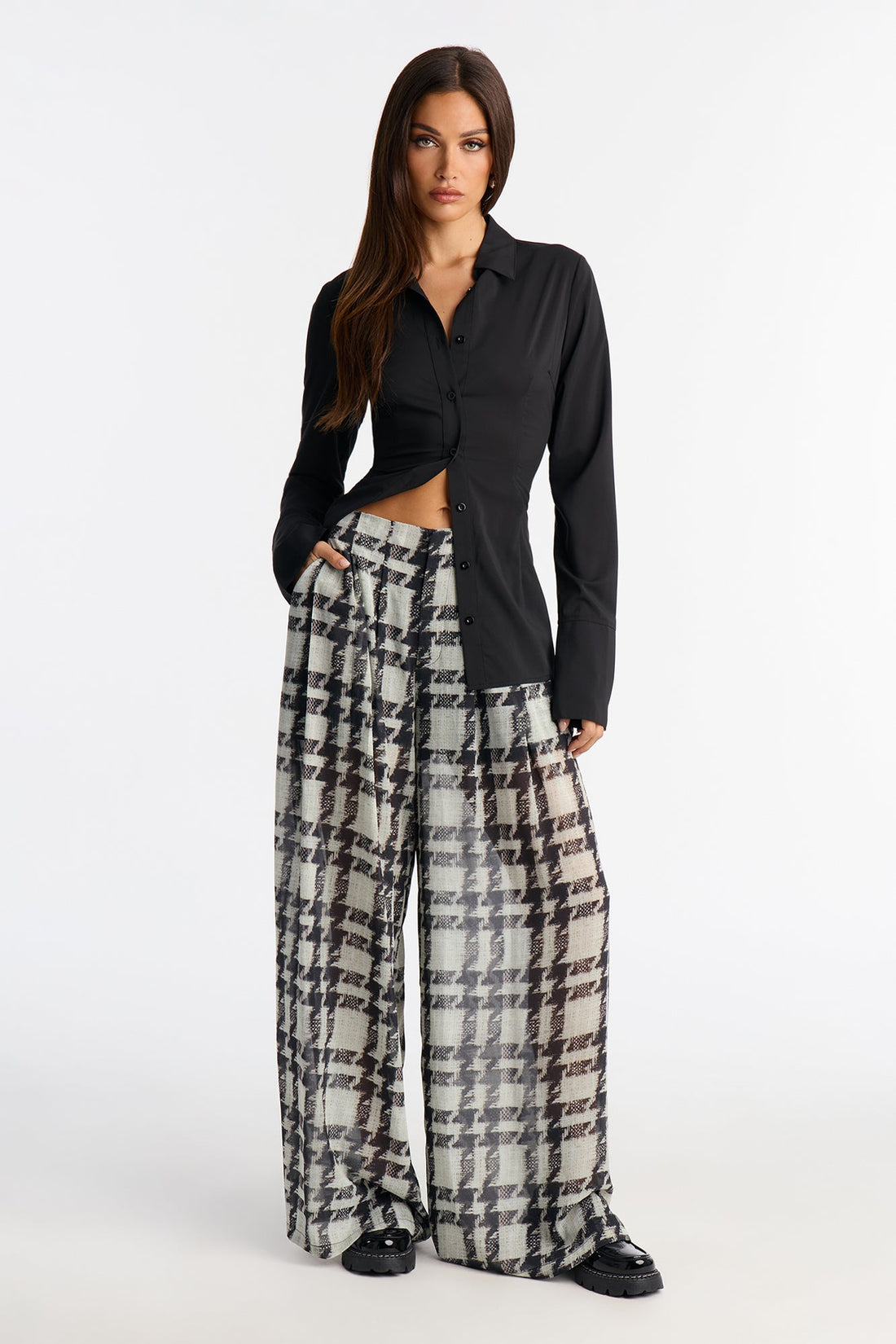 Zella Houndstooth Chiffon Wide Leg Pant - Black/combo