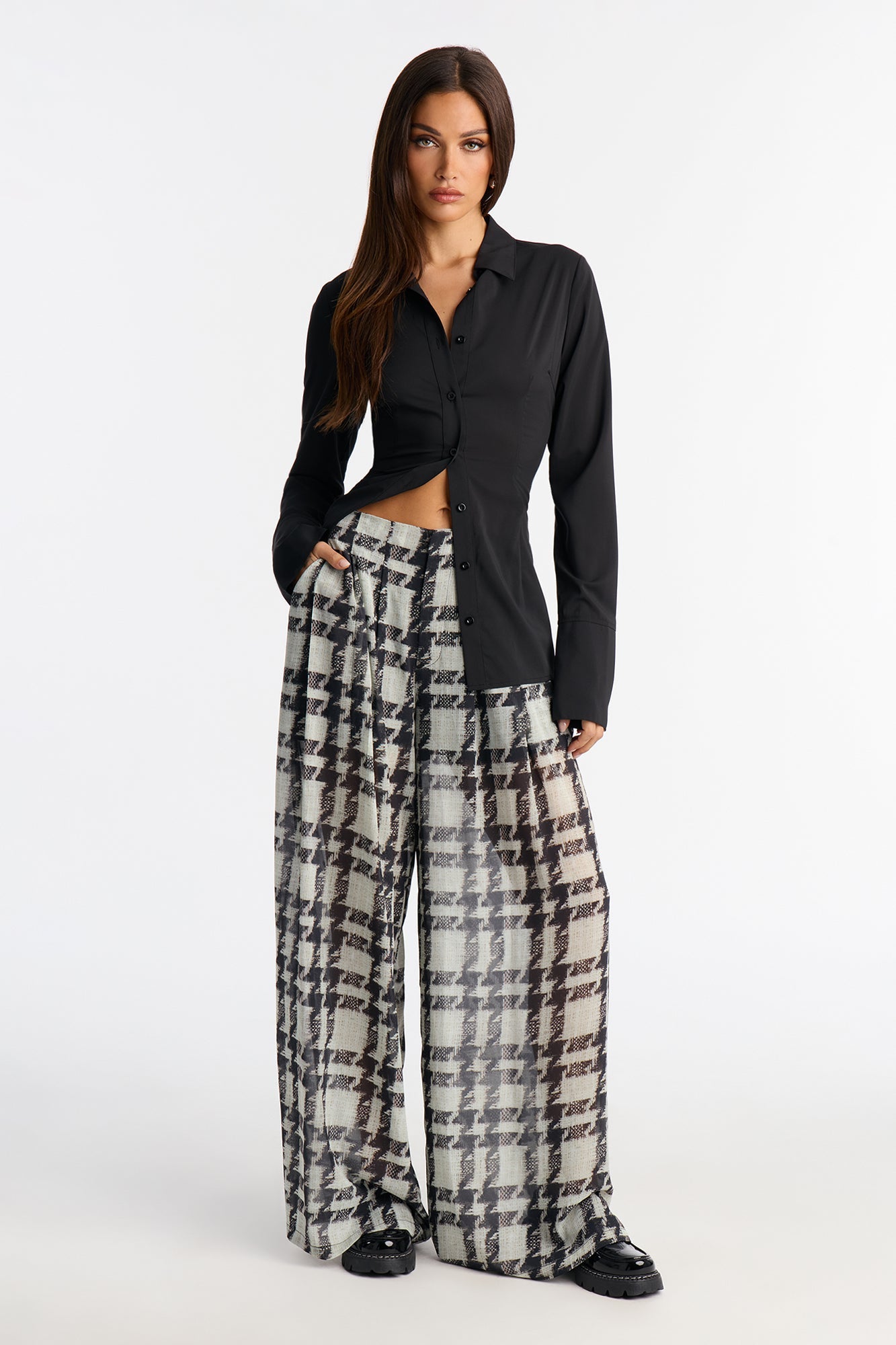 Zella Houndstooth Chiffon Wide Leg Pant - Black/combo