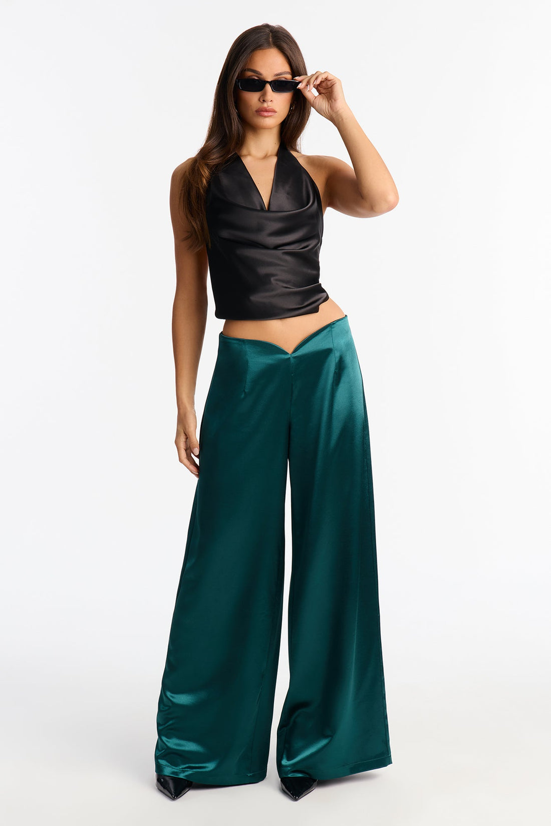 Sweet Serenade Satin Wide Leg V Front Pant 33 - Teal