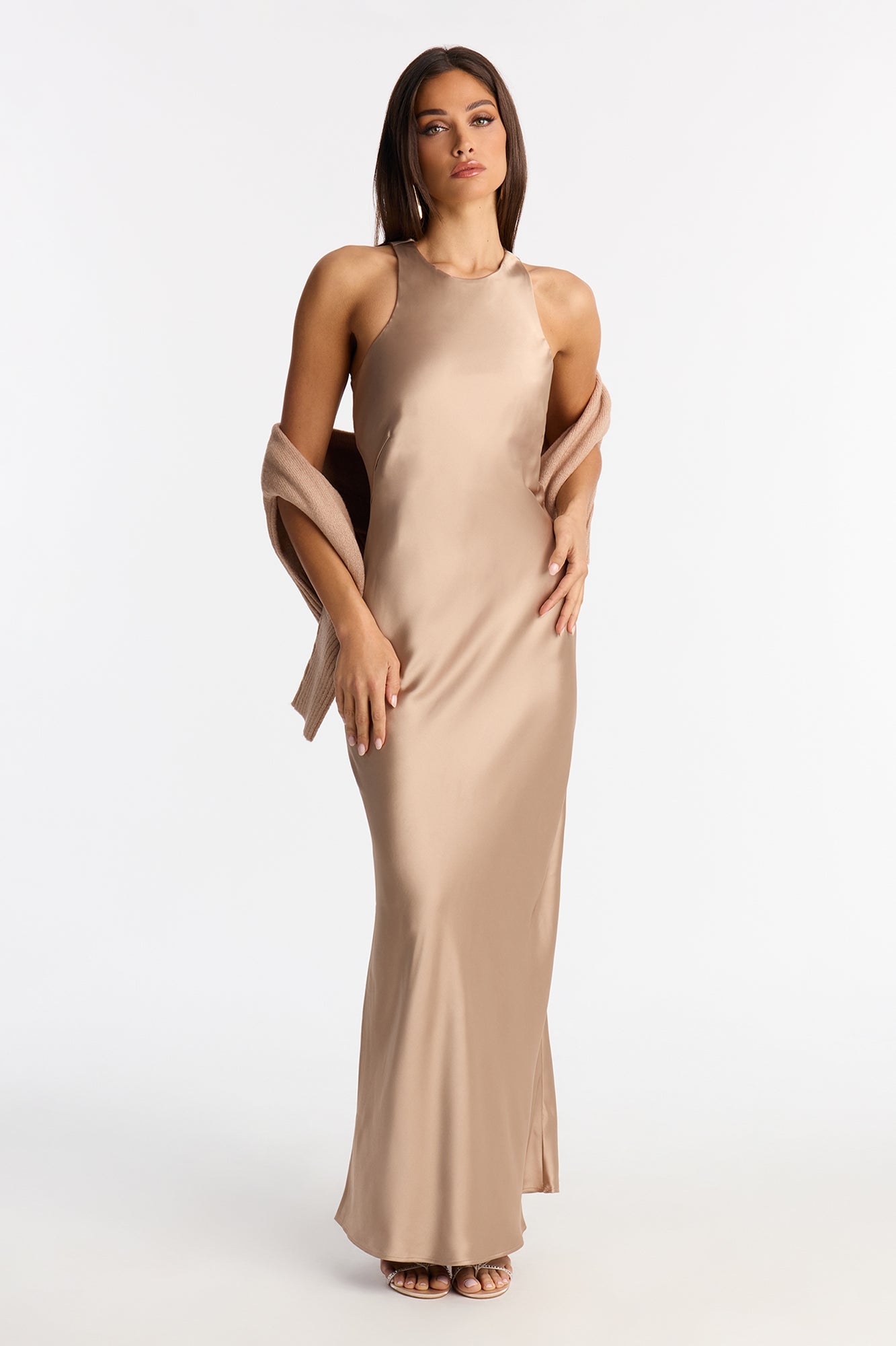Always Near Satin Sweater Maxi Dress Set - Taupe