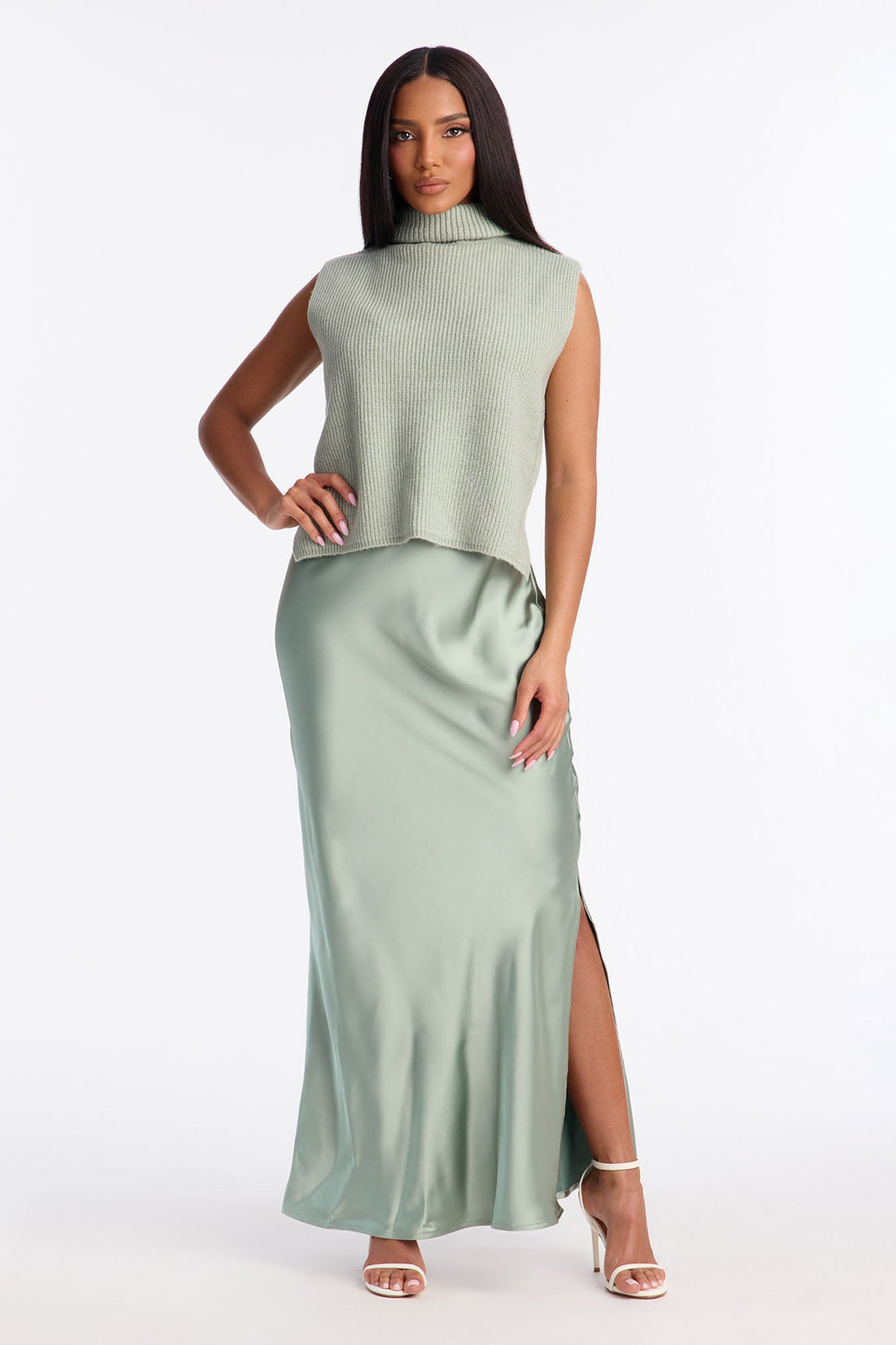 Always Sweet Satin Sweater Maxi Dress Set - Sage