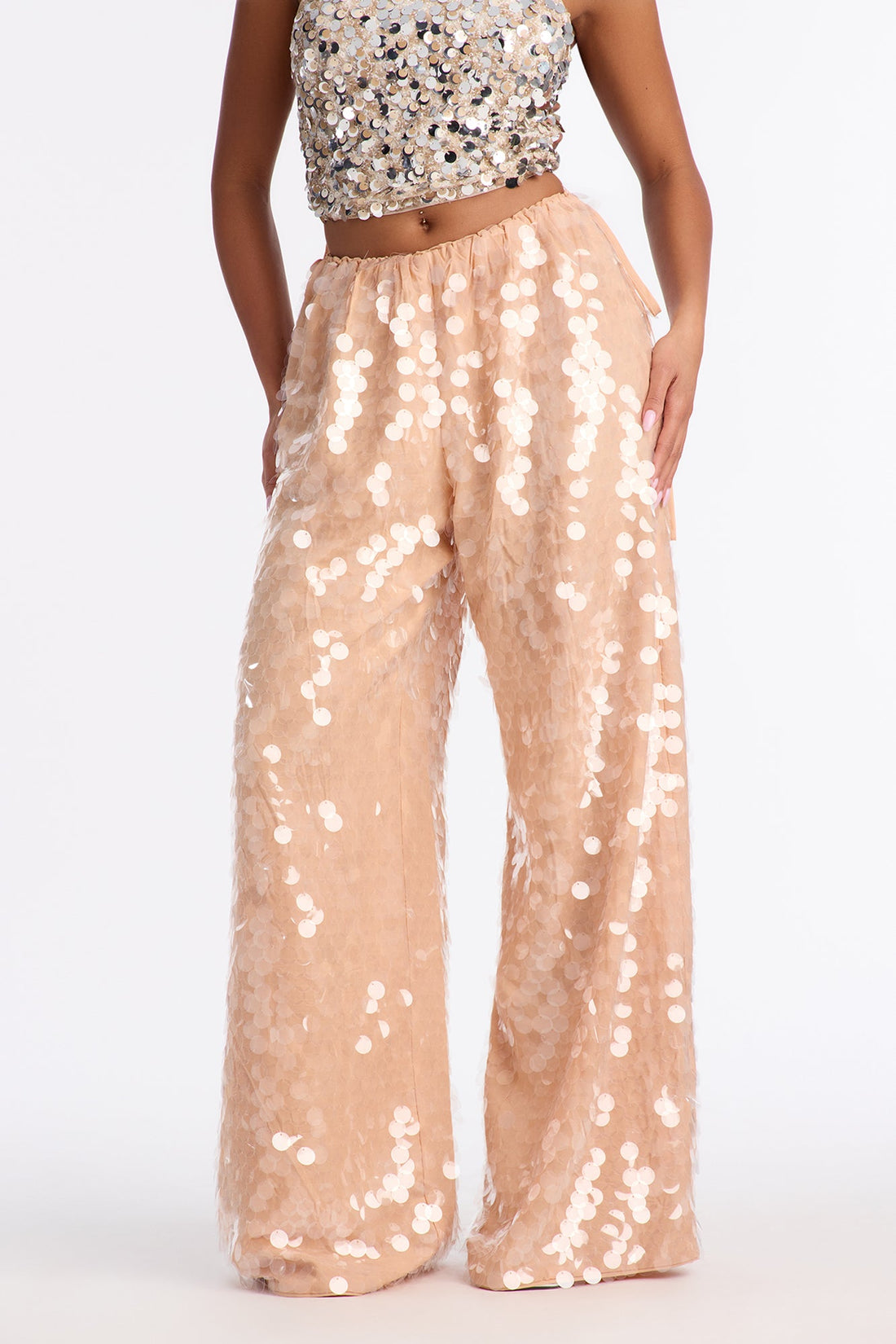 Mae Low Rise Sequin Wide Leg Pant - Nude