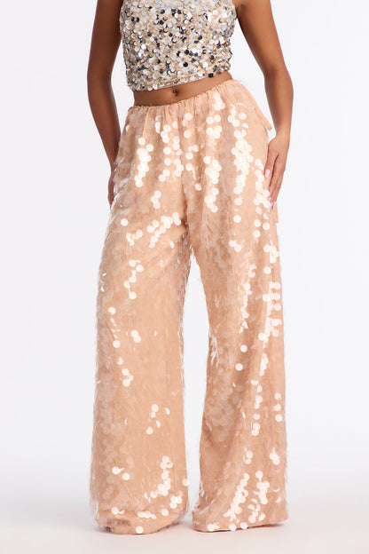Mae Low Rise Sequin Wide Leg Pant - Nude