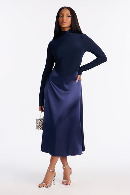 Angie Long Sleeve Satin Midi Dress - Navy